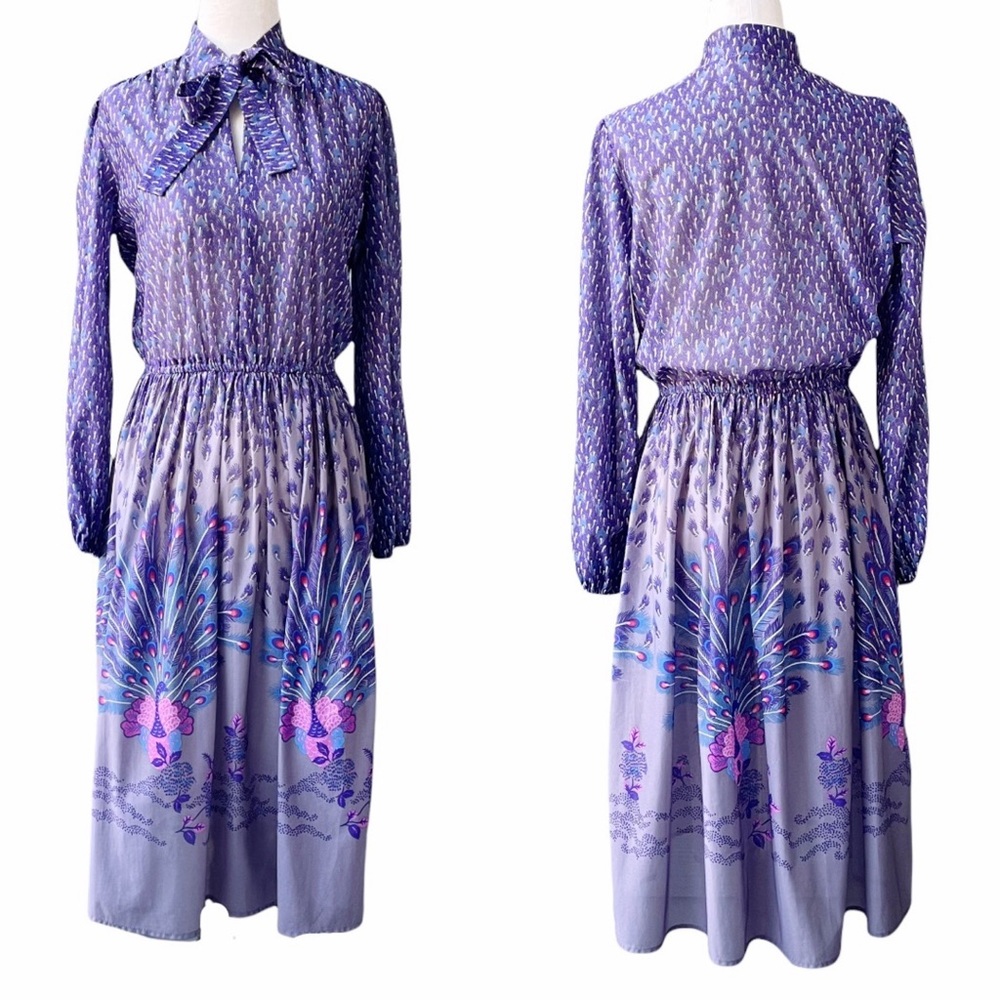 Vintage Lavender Long Sleeve Midi Dress with Peacock Border Print